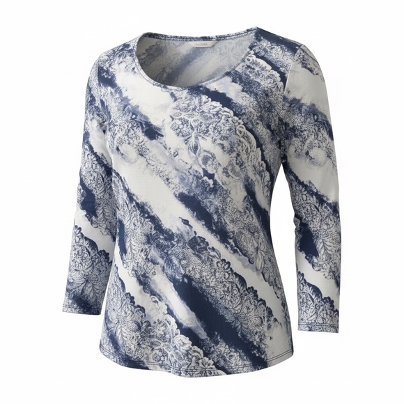 Chico's Tops - Chico's Woman Navy and White Scoop Neck Printed Long Sleeve Top SZ 3/16/XL EUC